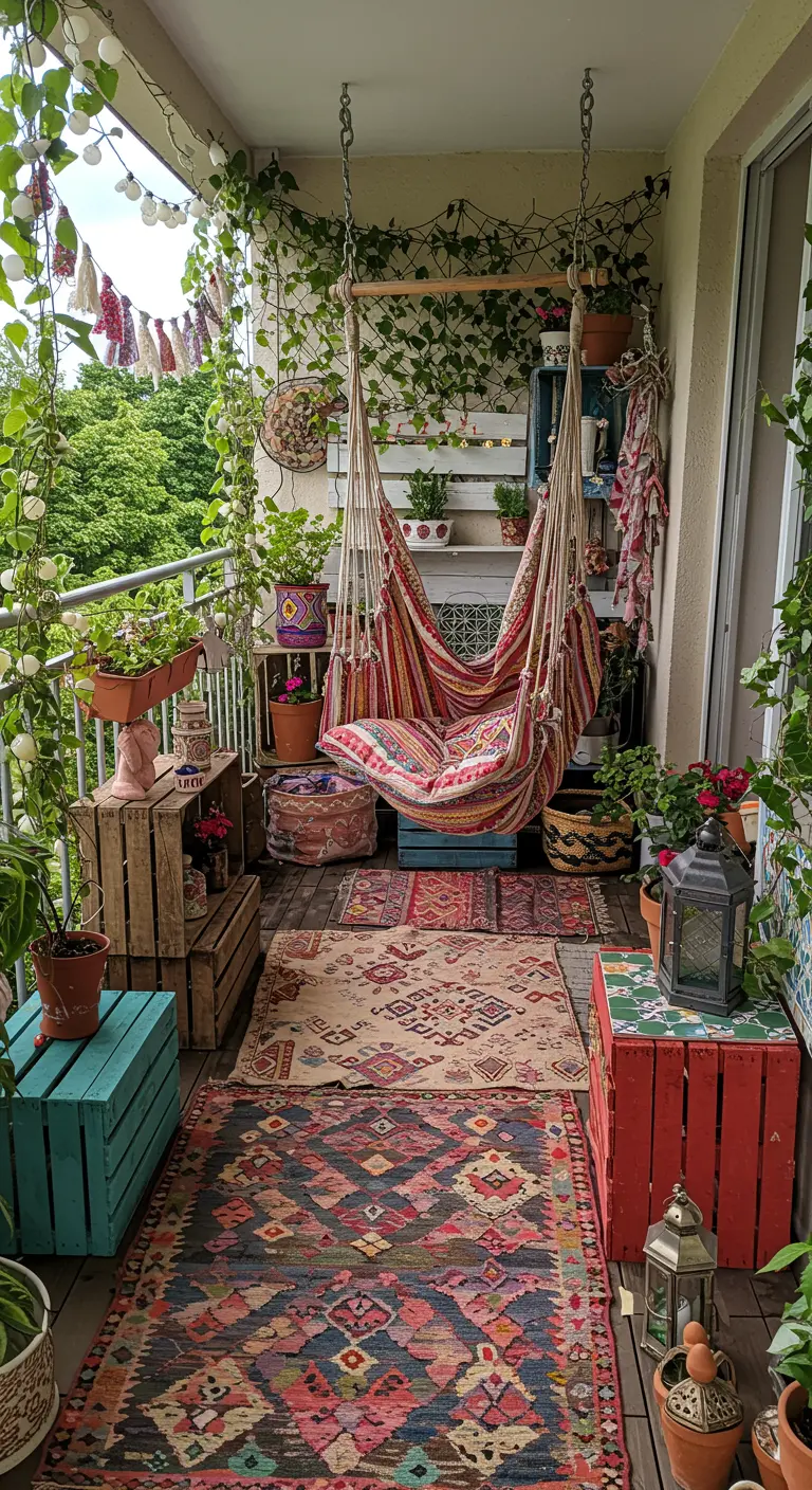 Balcon bohème éclectique avec chaise suspendue rayée, tapis superposés et caisses en bois colorées.