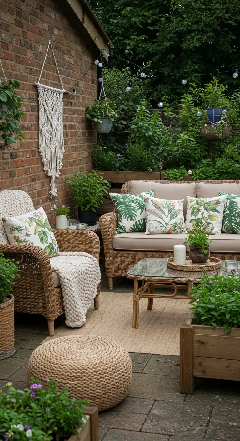 Salon de jardin bohème en rotin avec coussins tropicaux, plaid et macramé mural.