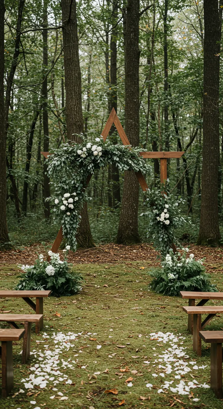 Arche triangulaire en bois brut décorée de feuillages verts et de fleurs blanches dans une forêt.