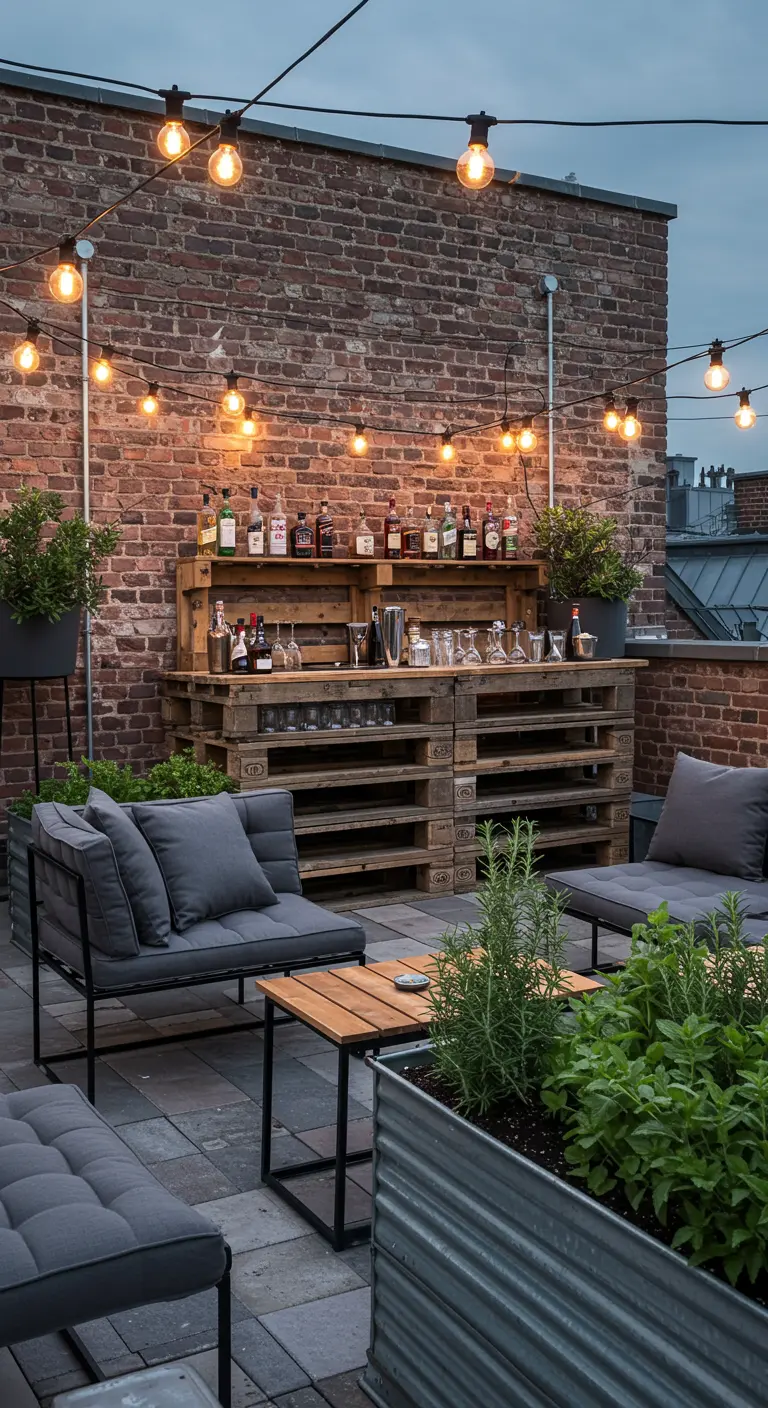 Rooftop industriel avec un bar en palettes, un mur de briques et des assises modernes.