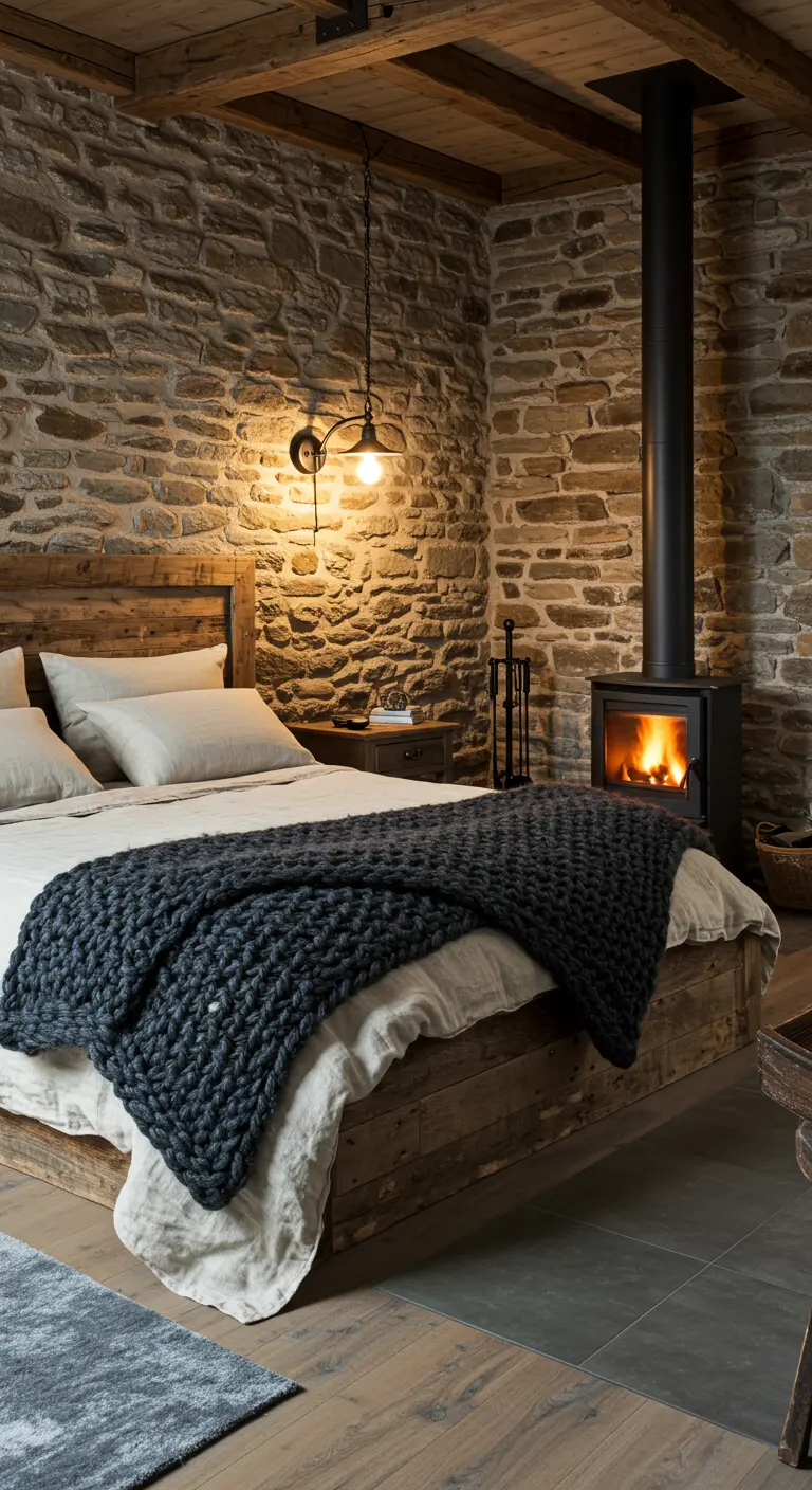 Chambre rustique avec murs en pierre, poêle à bois et plaid en grosse maille.