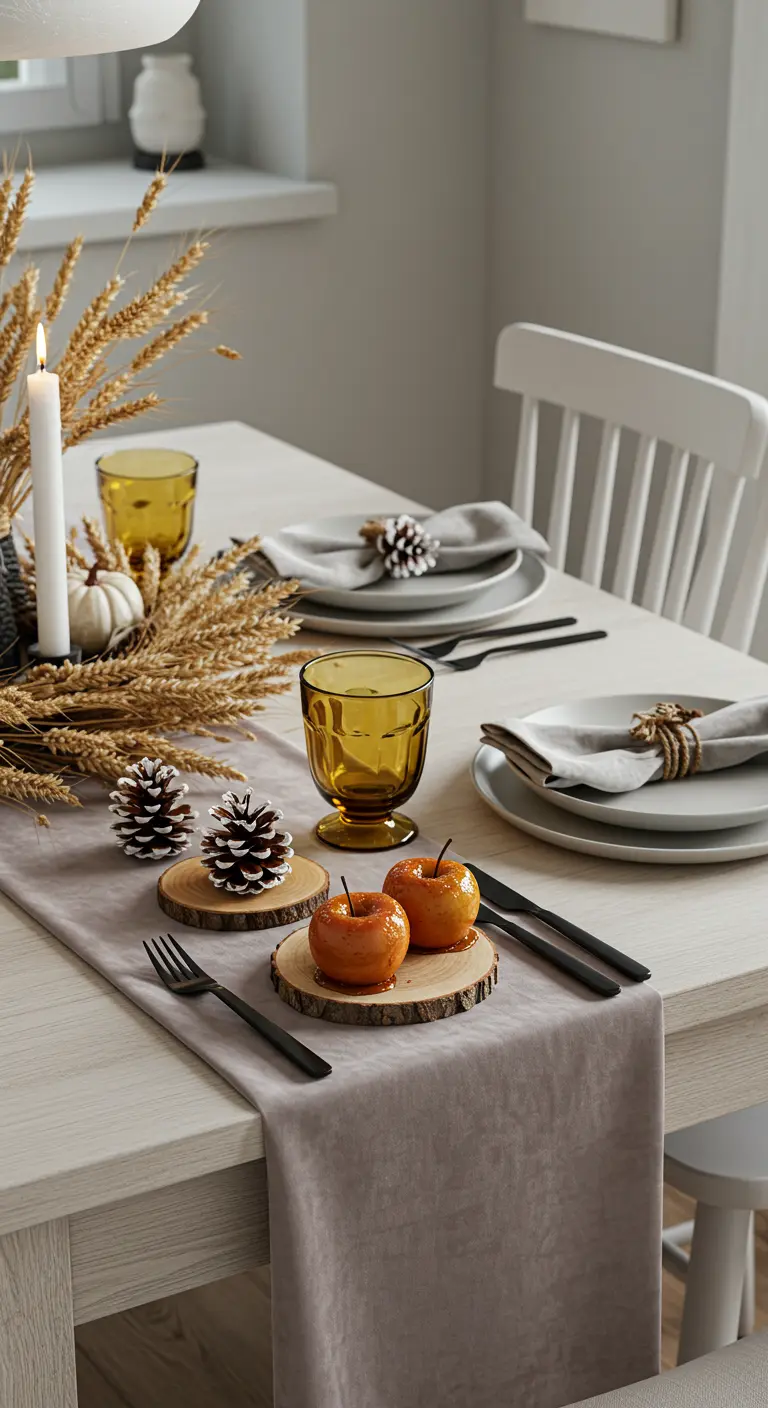 Décor de table scandinave avec épis de blé, pommes de pin et verres ambrés.