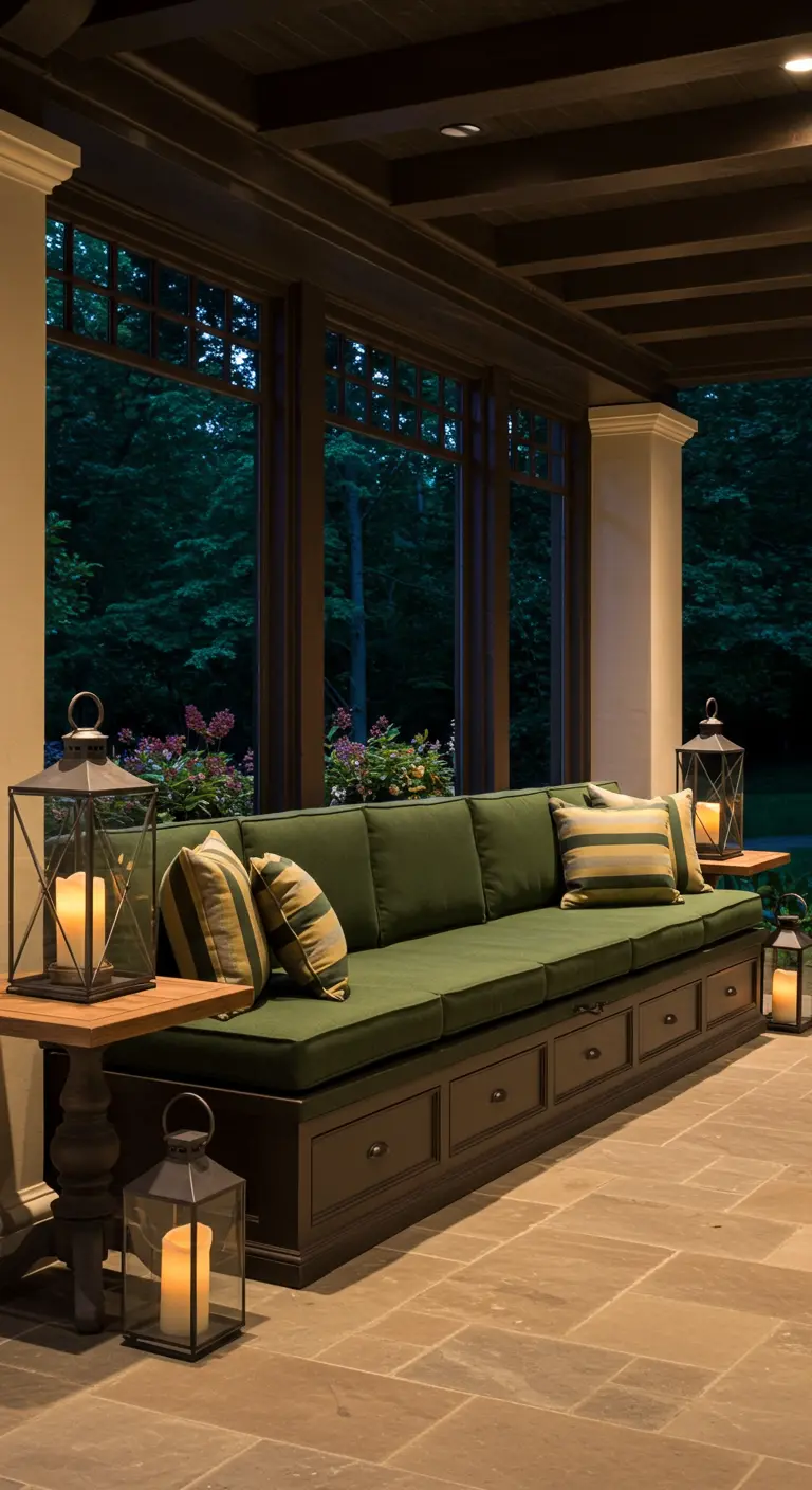 Banquette longue en bois sombre avec tiroirs et coussins verts, sur un porche couvert.