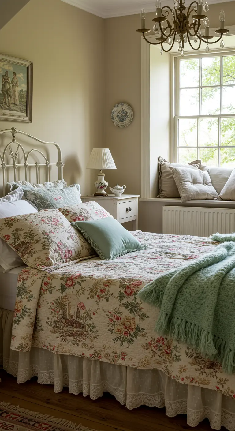 Chambre de style campagne anglaise avec lit en fer forgé et parure florale.