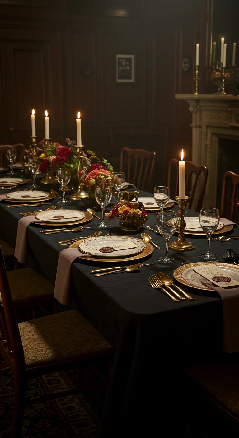 Table de dîner dressée avec une nappe noire, des couverts dorés et des bougies.