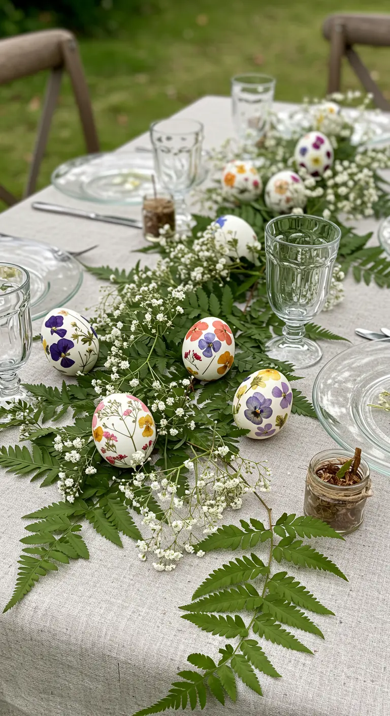 Œufs de Pâques décorés avec de vraies fleurs pressées, posés sur un lit de fougères.