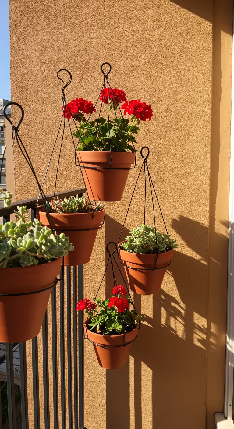 Pots en terre cuite dans des suspensions en fil de fer noir sur une rambarde de balcon.