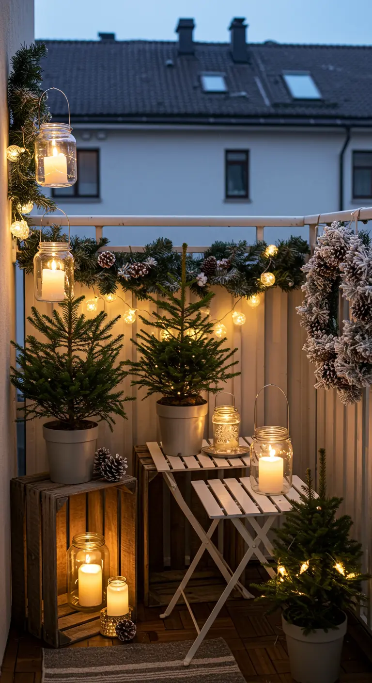 Balcon décoré avec sapins miniatures en pots, guirlandes lumineuses, et bougies LED dans des bocaux.
