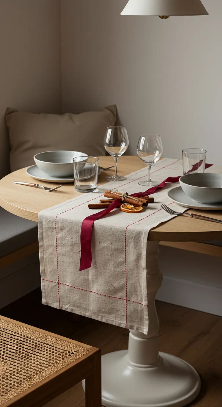 Chemin de table en lin avec couture rouge et décoration de cannelle sur une petite table ronde.