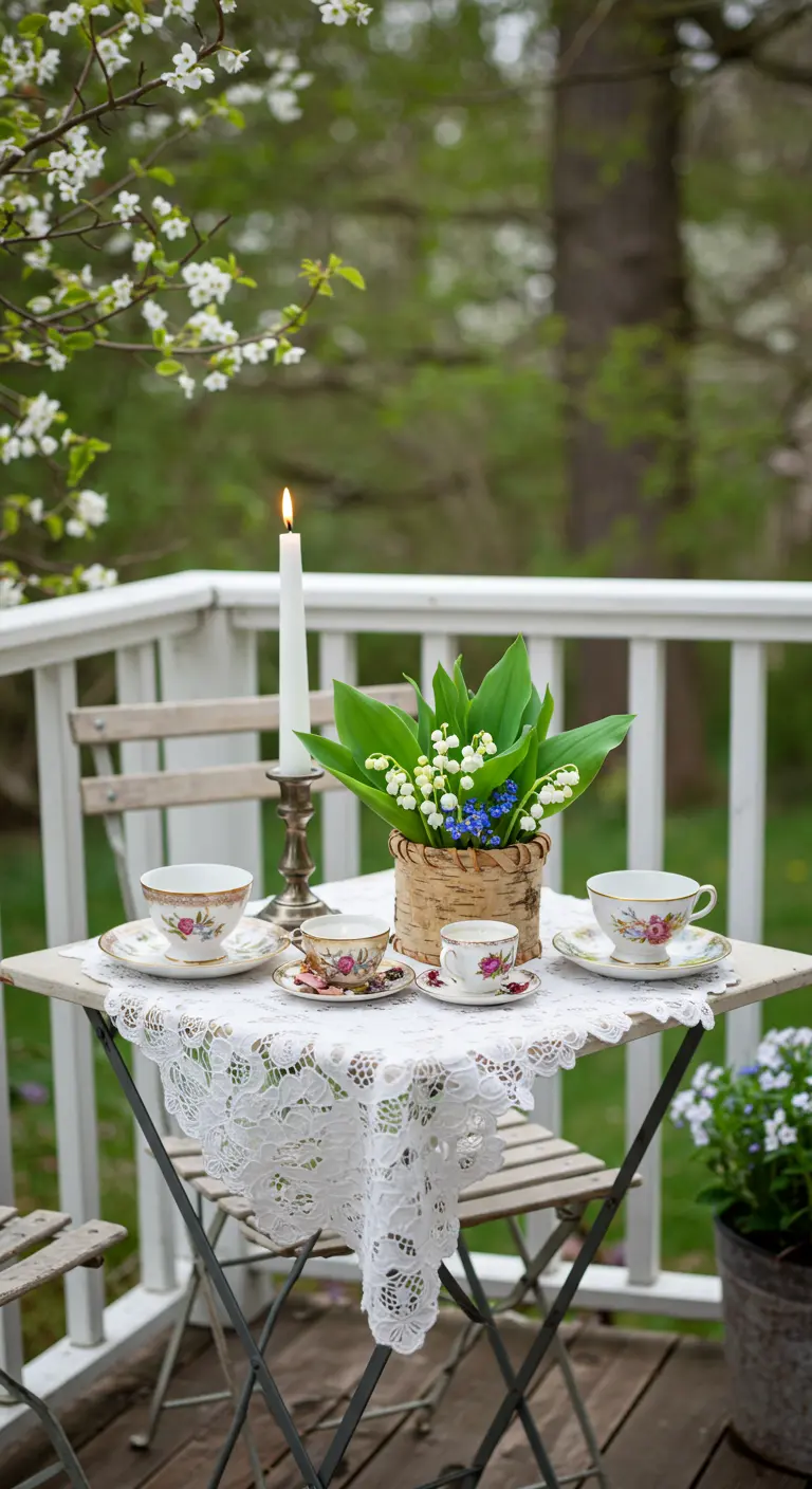 Petite table de balcon avec nappe en dentelle, théières vintage, muguet et une bougie haute.