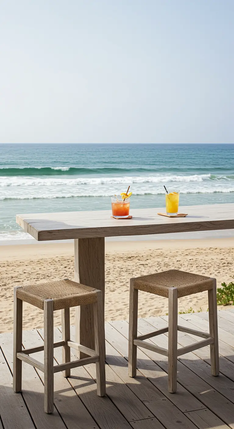 Table en bois patiné et tabourets à assise tissée sur une terrasse de plage.