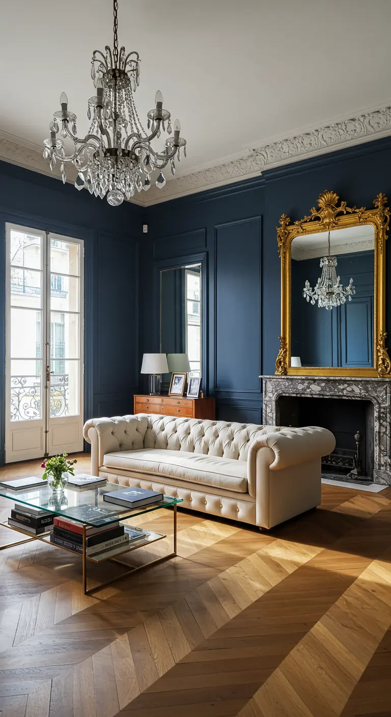 Salon haussmannien avec murs bleu nuit, moulures et canapé Chesterfield crème.
