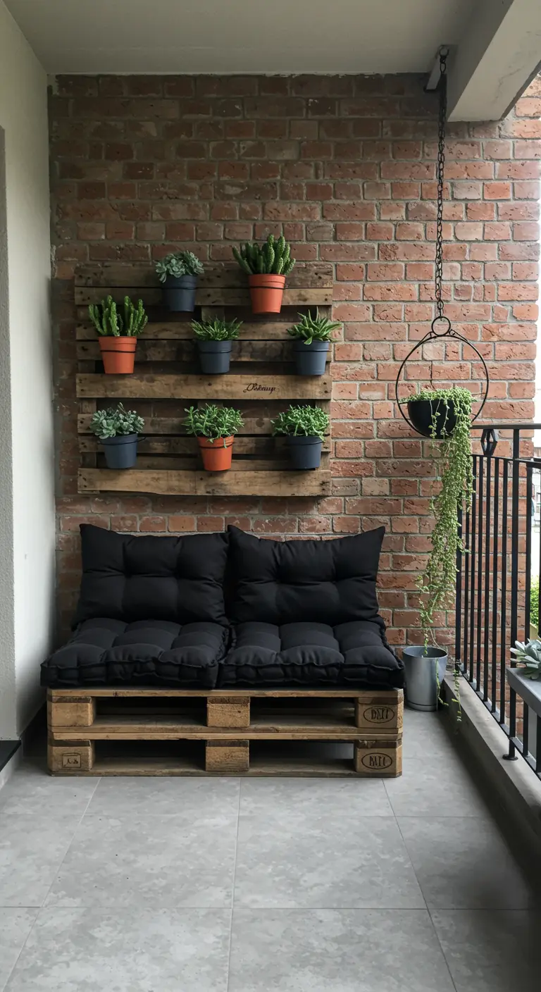 Canapé en palette avec coussins noirs et étagère à succulentes devant un mur de briques.