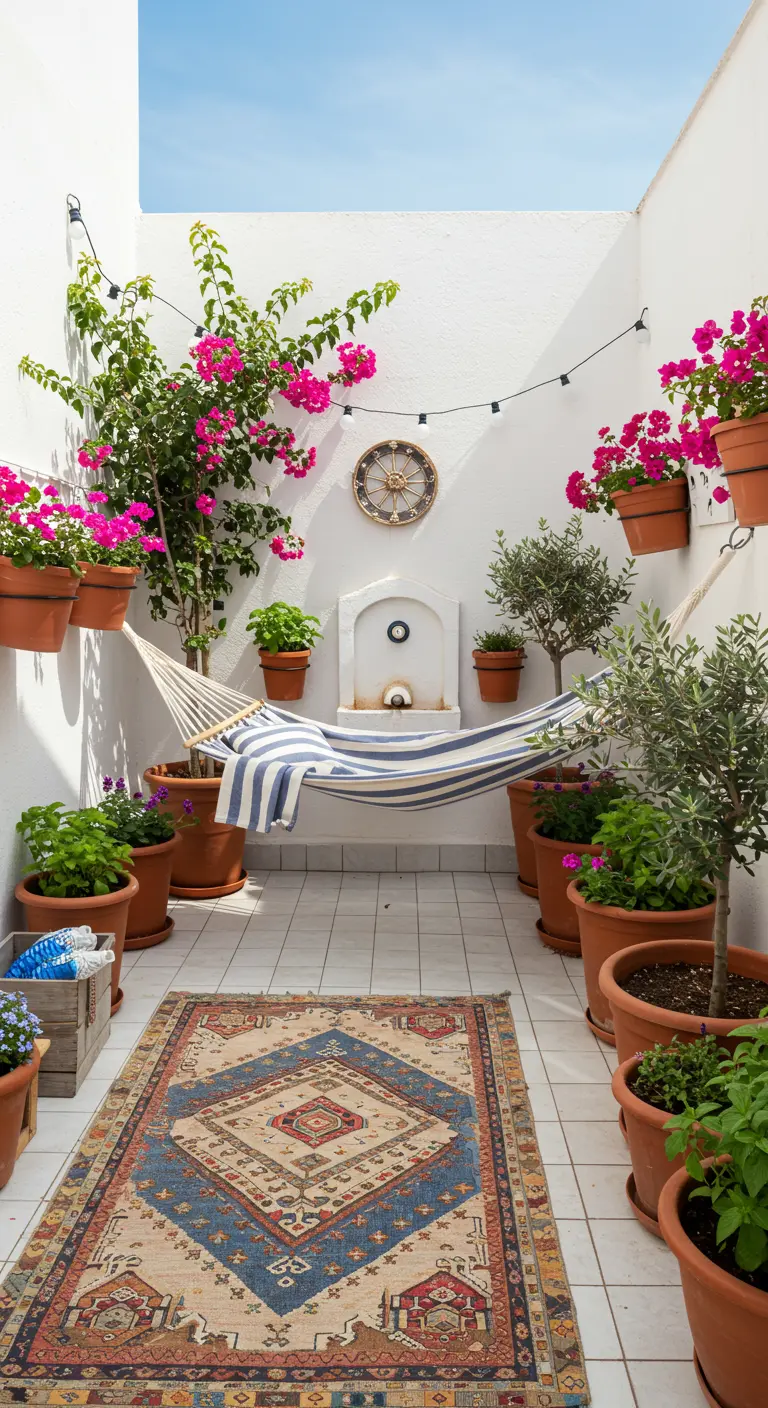 Patio blanc avec hamac rayé, fontaine murale, bougainvilliers et plantes en pots de terre cuite.