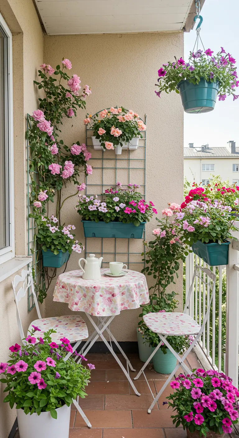 Balcon fleuri avec mobilier de bistrot blanc, rosiers grimpants roses et pétunias.