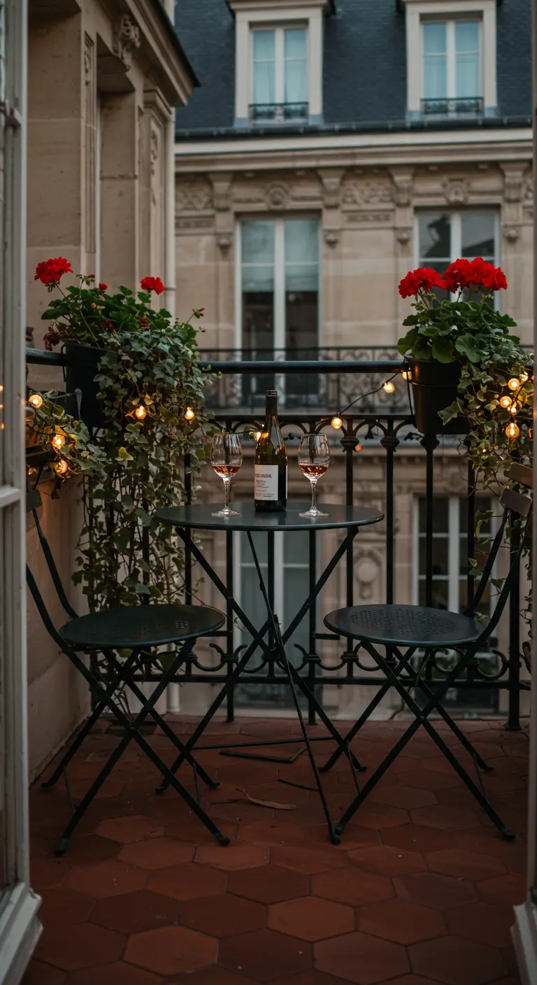 Balcon parisien avec table bistrot, géraniums rouges et guirlandes lumineuses.