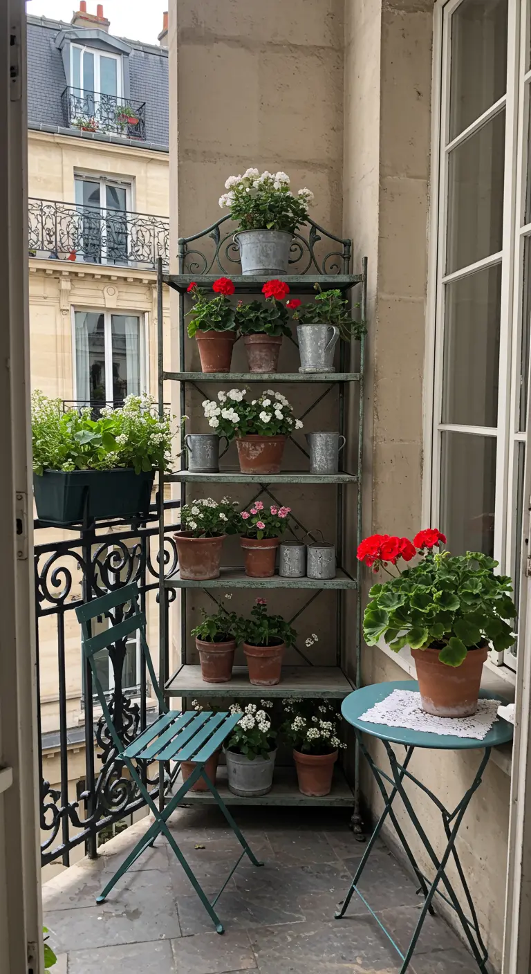 Balcon parisien avec une étagère en fer forgé et des géraniums.