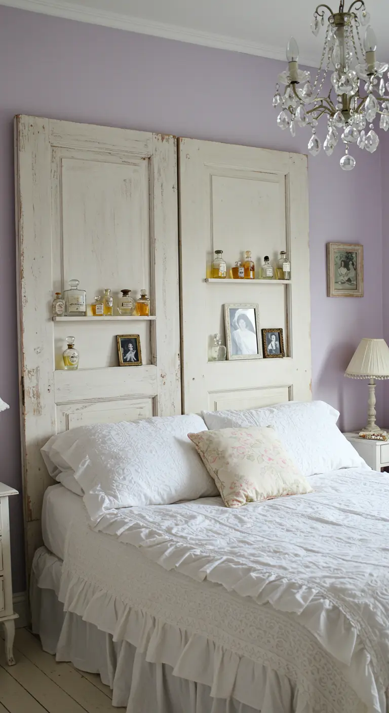 Deux vieilles portes blanches recyclées en tête de lit shabby chic avec des étagères intégrées.