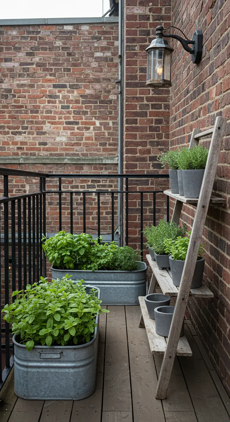 Balcon avec grands bacs en zinc d'herbes et une étagère en échelle en bois supportant des pots.