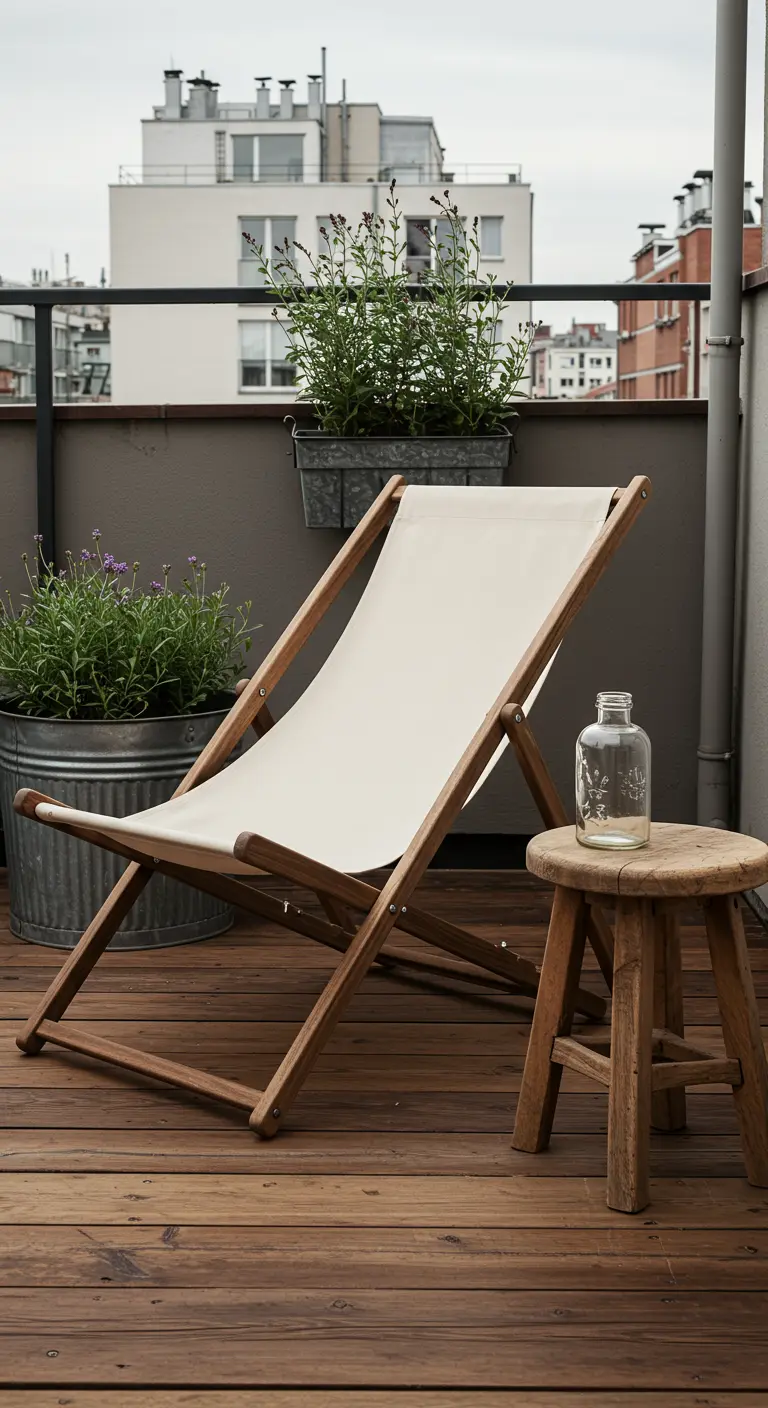 Chaise longue classique en bois et toile sur une terrasse avec des bacs en métal.
