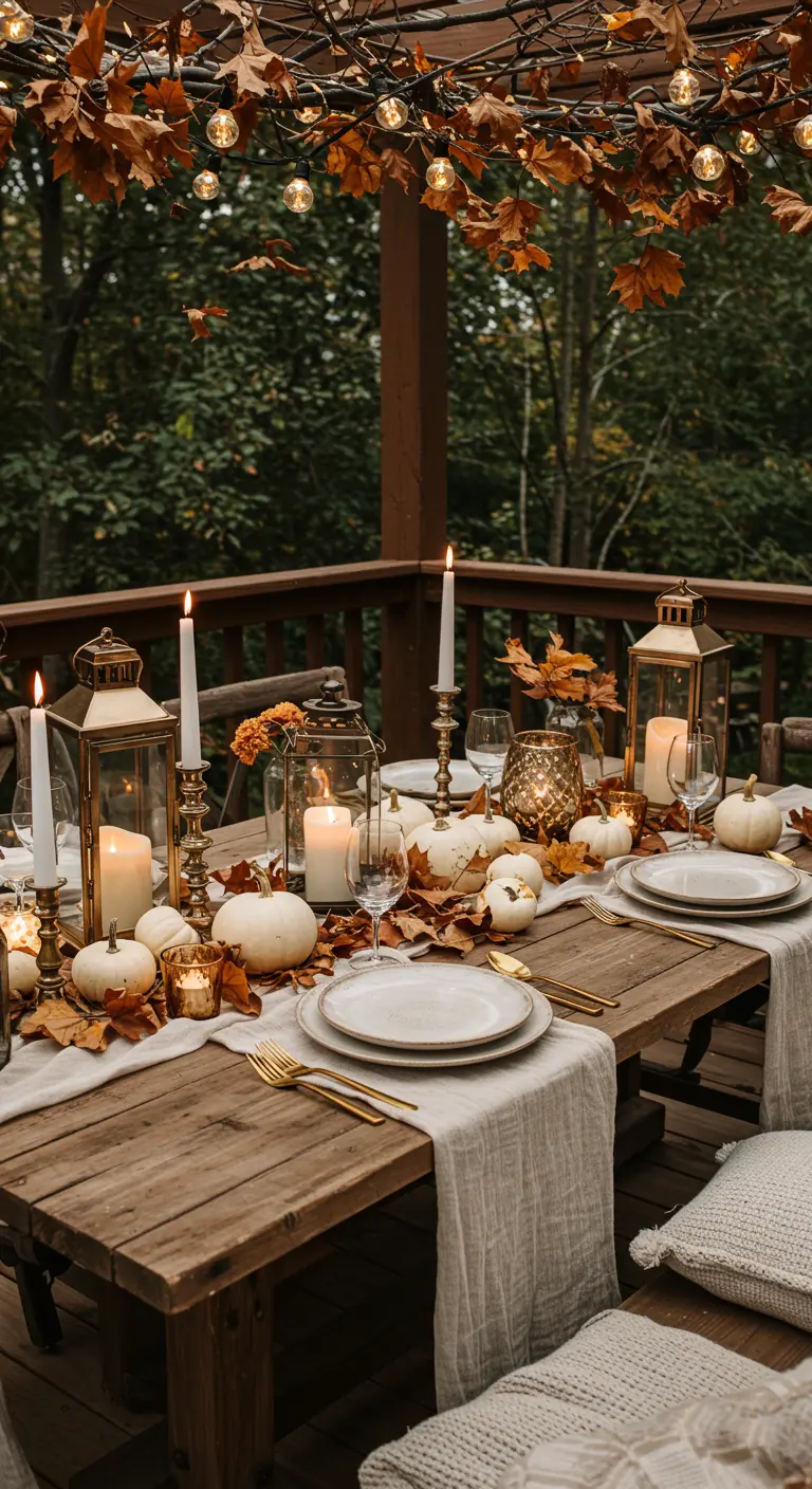 Table en bois décorée de citrouilles blanches, lanternes, feuilles d'automne et lumières extérieures.