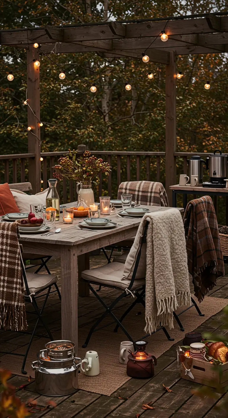 Table d'extérieur décorée pour l'automne avec plaids écossais, bougies et guirlandes lumineuses.