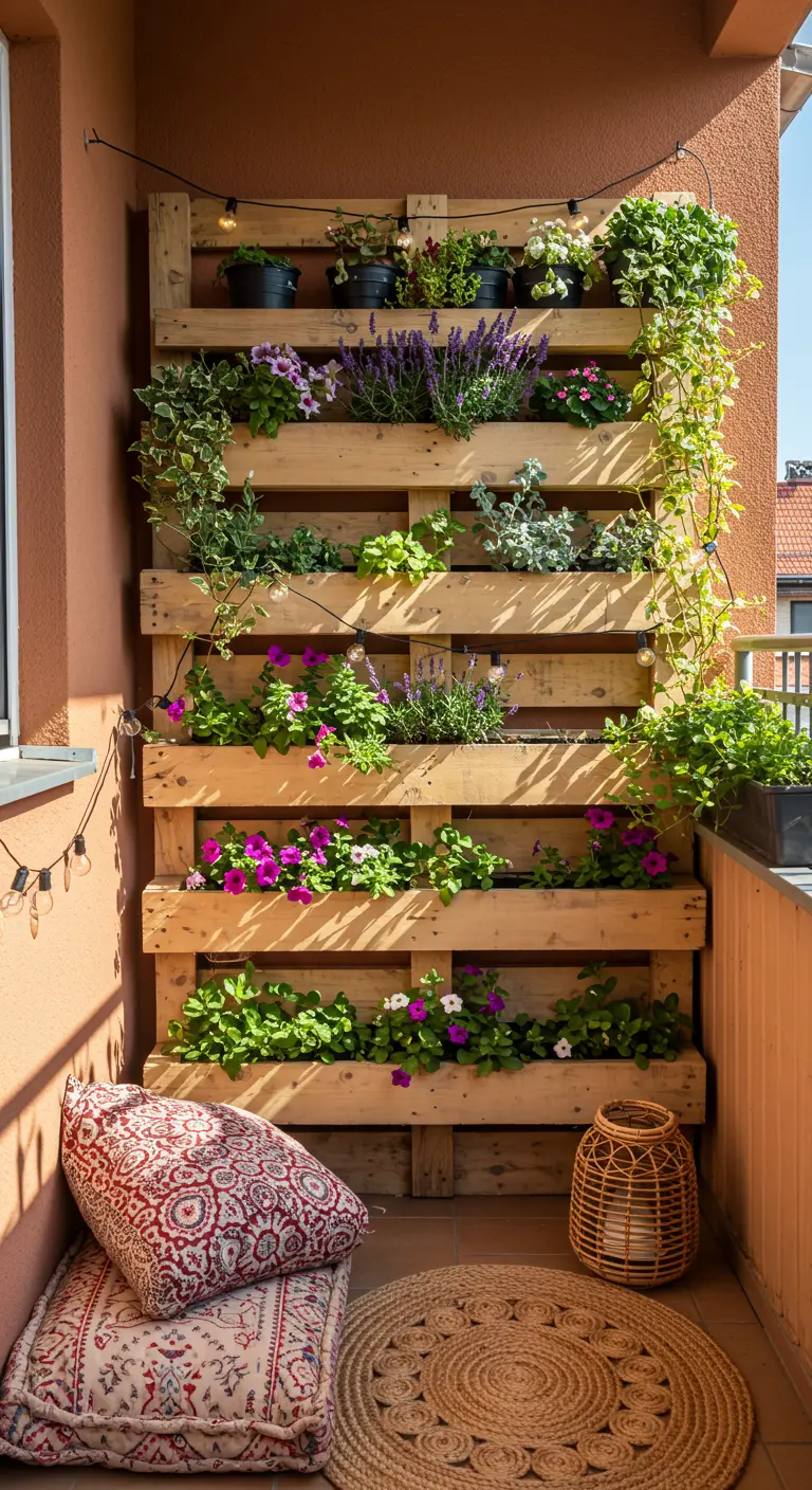 Jardinière verticale en palettes bois, fleurs et lavande, coussins et tapis bohèmes sur balcon.