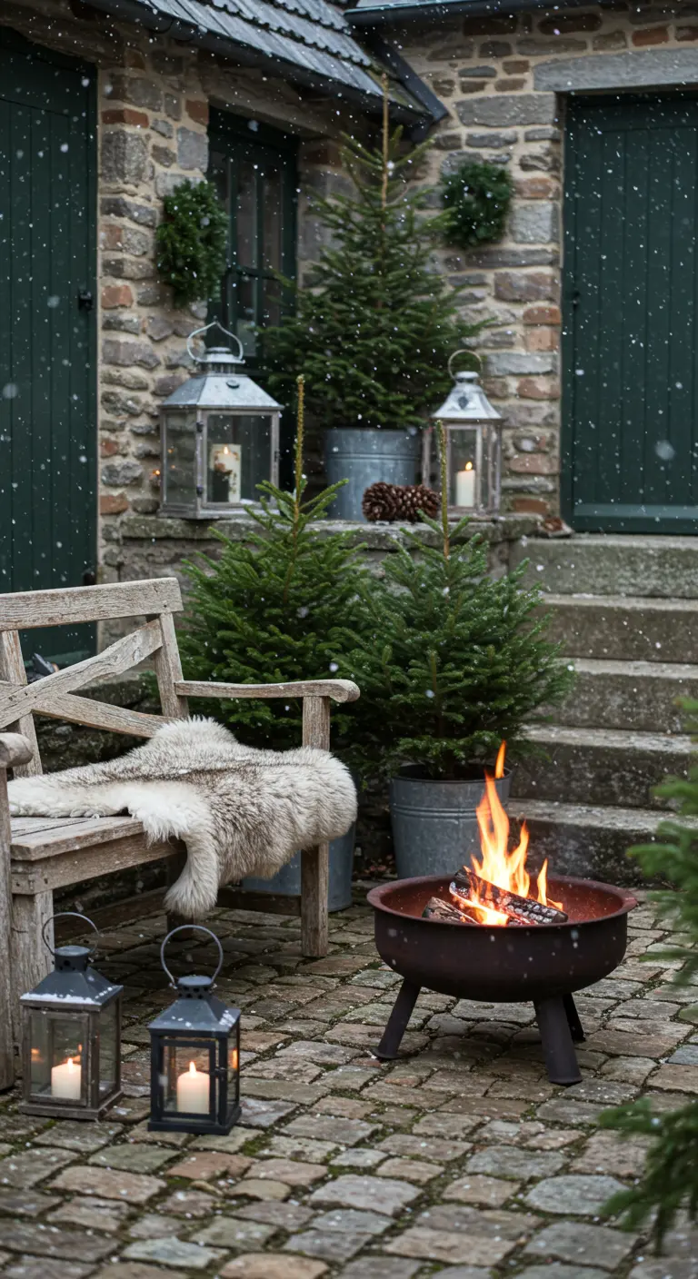 Cour pavée avec un brasero, un banc en bois et de petits sapins en pots.
