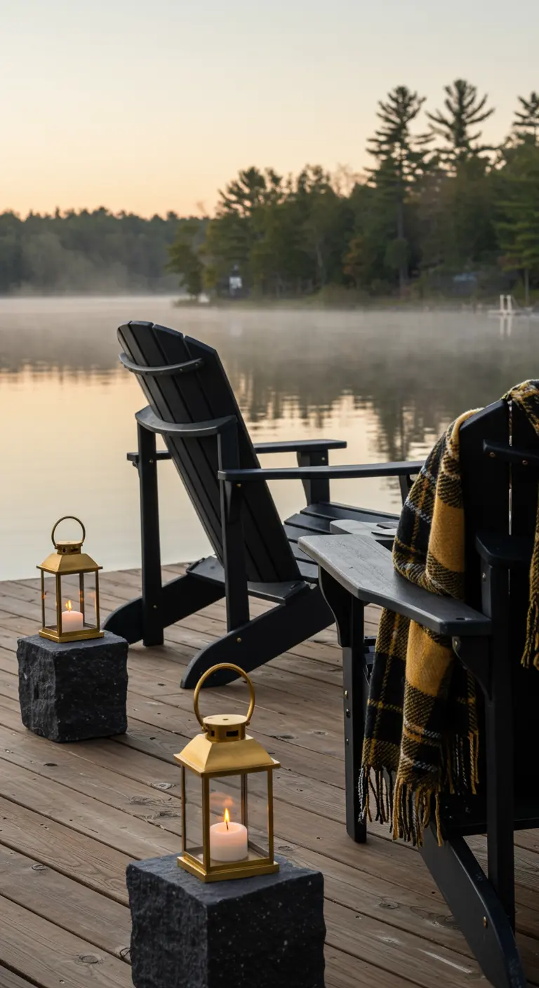 Chaises Adirondack noires sur un ponton, avec des lanternes dorées et un plaid à carreaux.