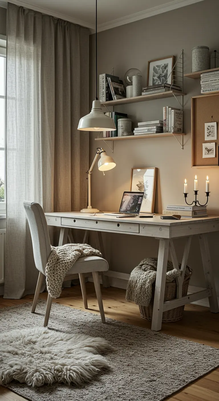 Bureau en bois vieilli avec des luminaires vintage et des textiles douillets.