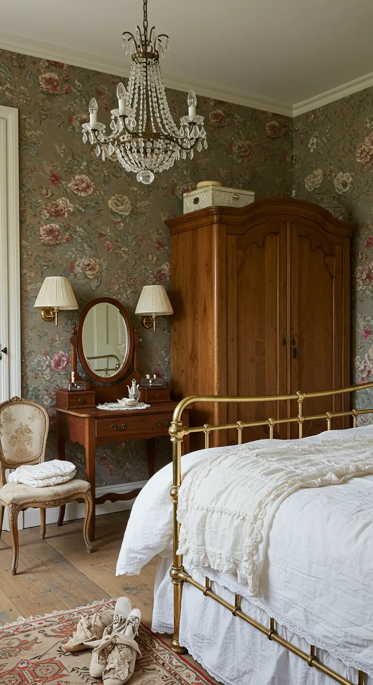 Chambre romantique de style classique avec papier peint floral et lit en laiton.