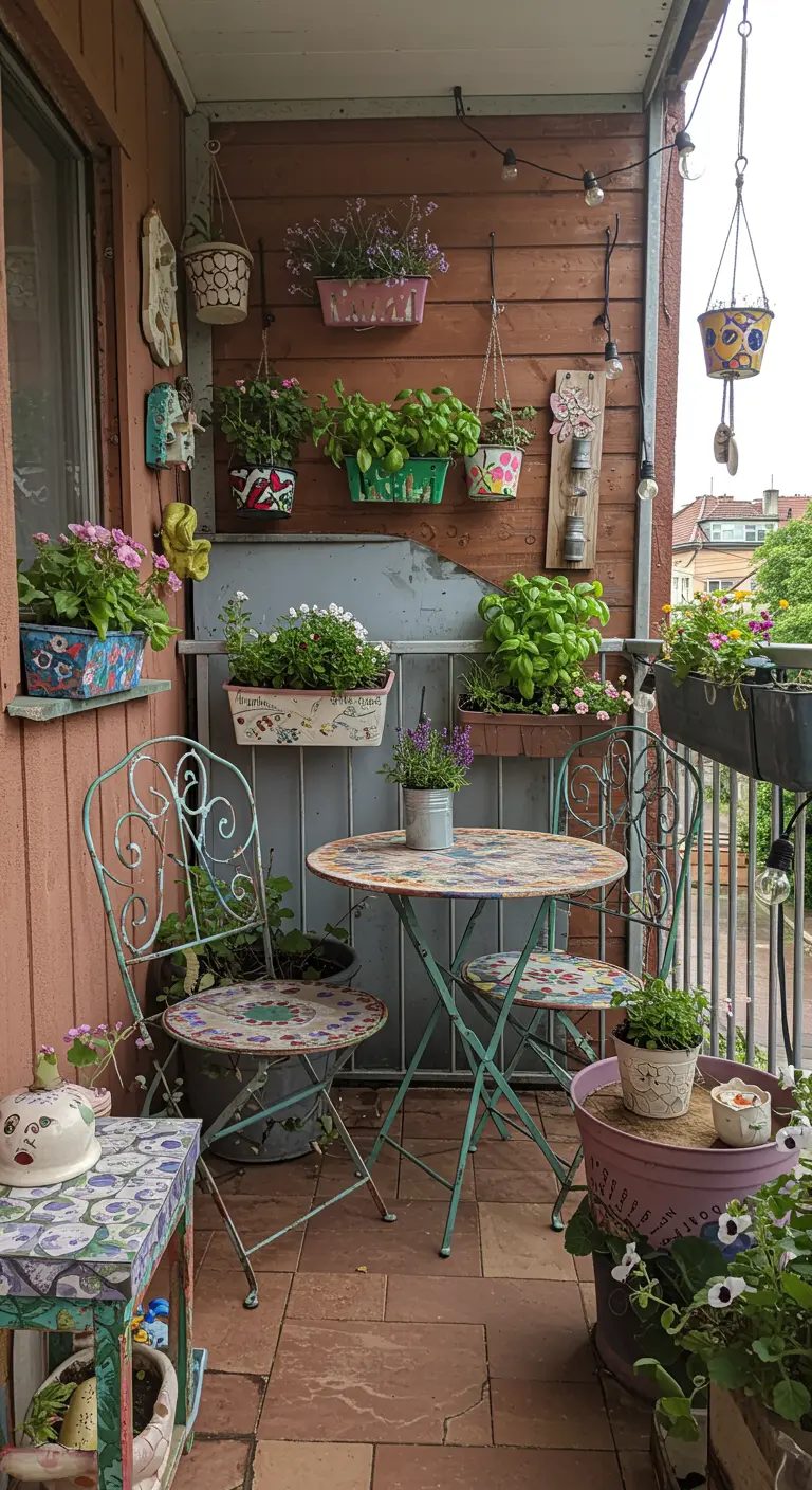 Balcon vintage avec table et chaises en fer forgé, pots de fleurs muraux et guirlandes.