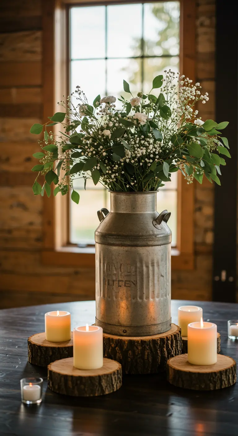 Pot à lait vintage avec fleurs et bougies sur des rondins de bois.