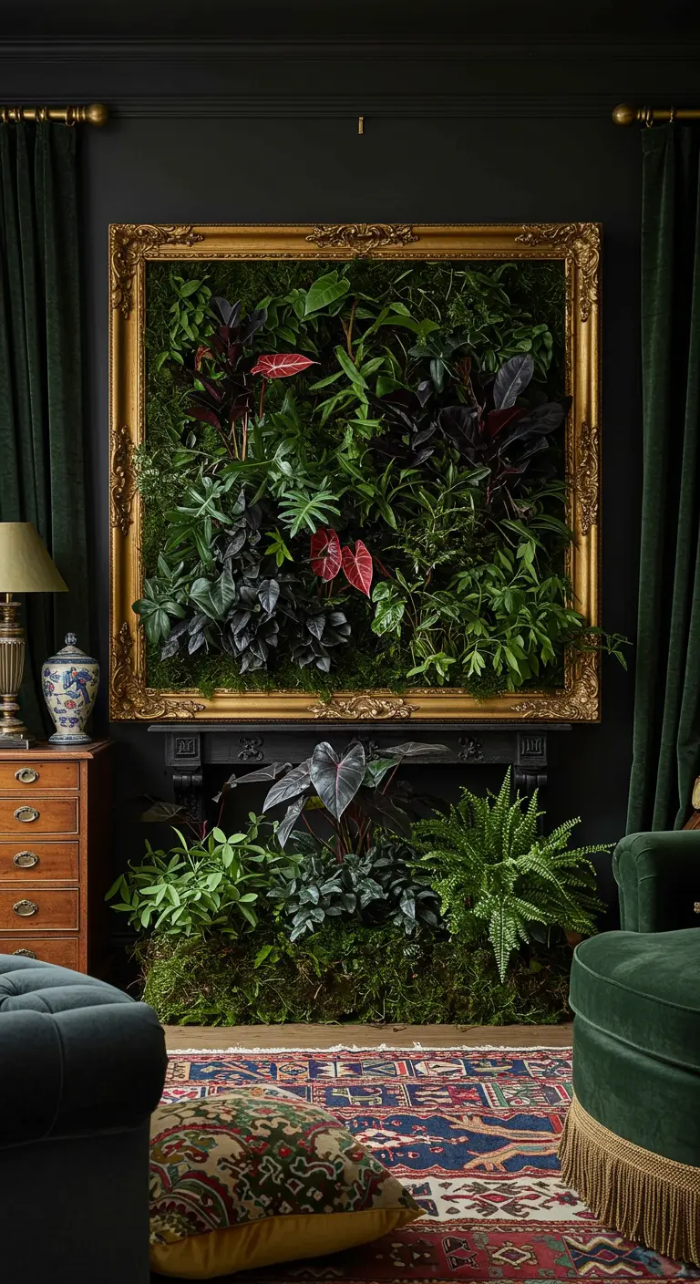 Un mur végétal luxuriant encadré par un grand cadre doré orné, au-dessus d'une cheminée noire.