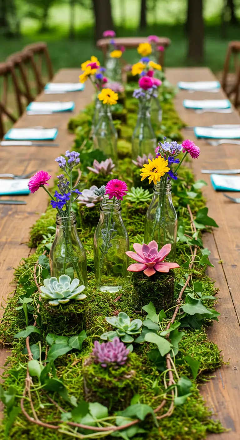 Chemin de table en mousse avec fleurs colorées dans des bouteilles.