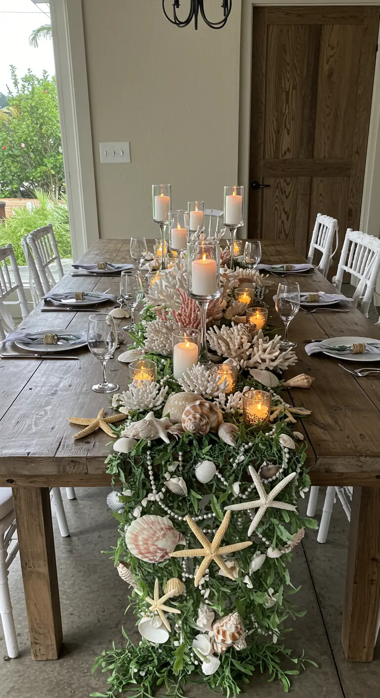 Chemin de table rustique avec verdure, coquillages, étoiles de mer et bougies.