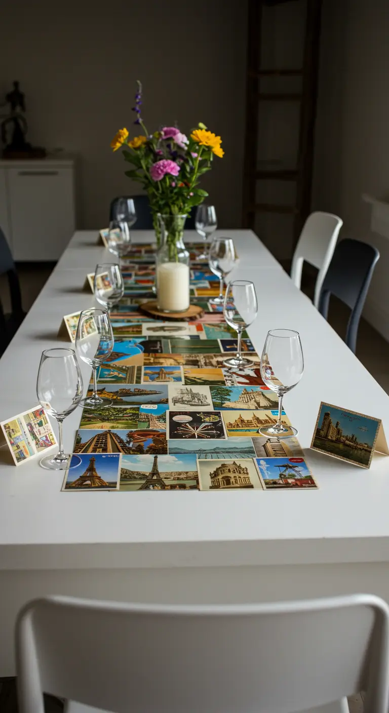 Chemin de table original composé d'un collage de cartes postales.