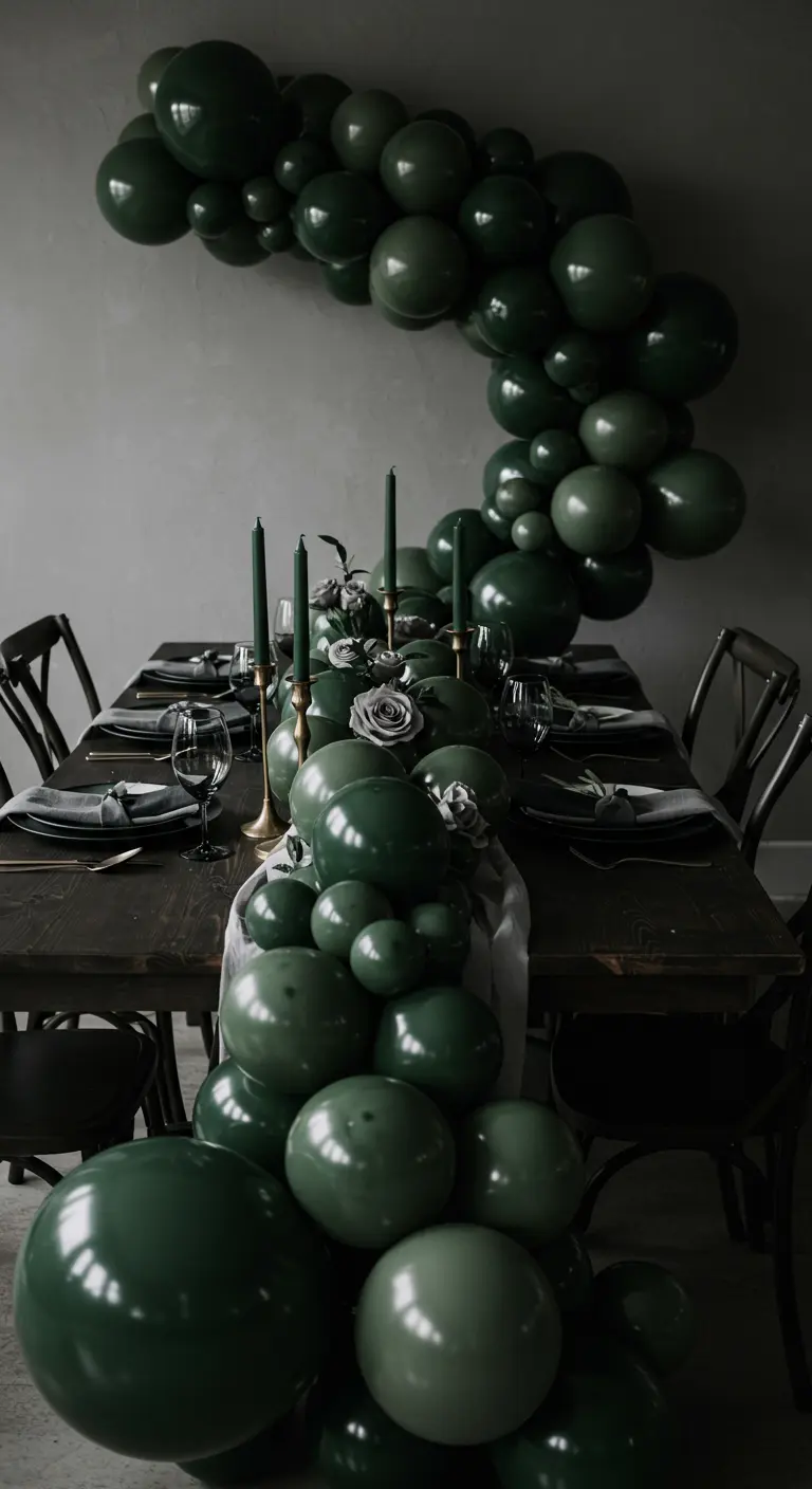 Guirlande de ballons vert foncé utilisée comme un chemin de table audacieux.