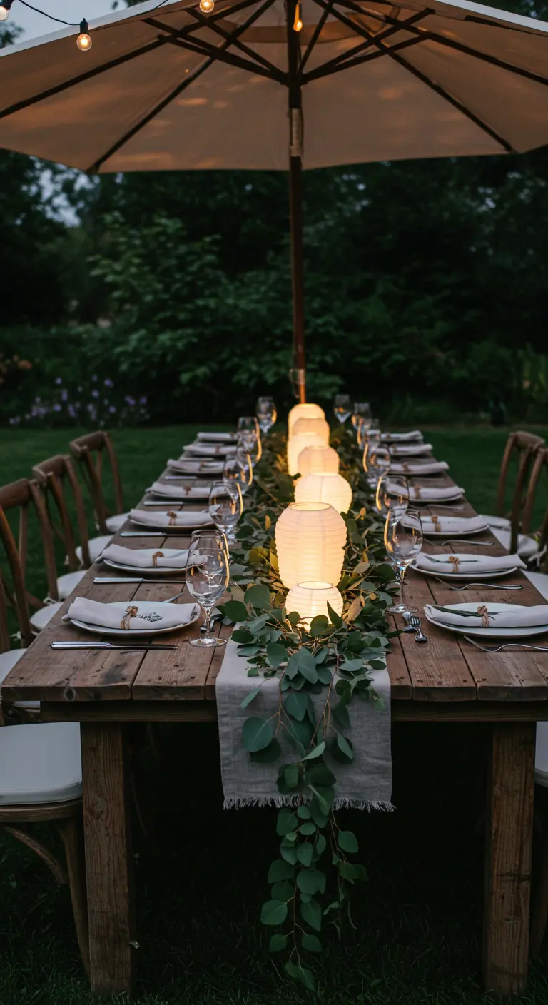 Longue table en bois avec un chemin de table en eucalyptus et une rangée de petits lampions.