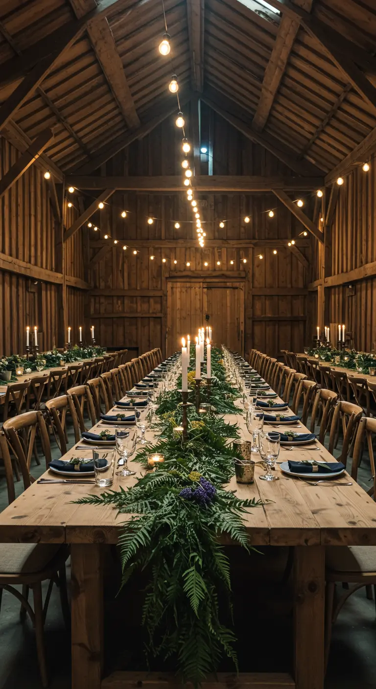 Longue table de banquet en bois avec une guirlande de fougères au centre.
