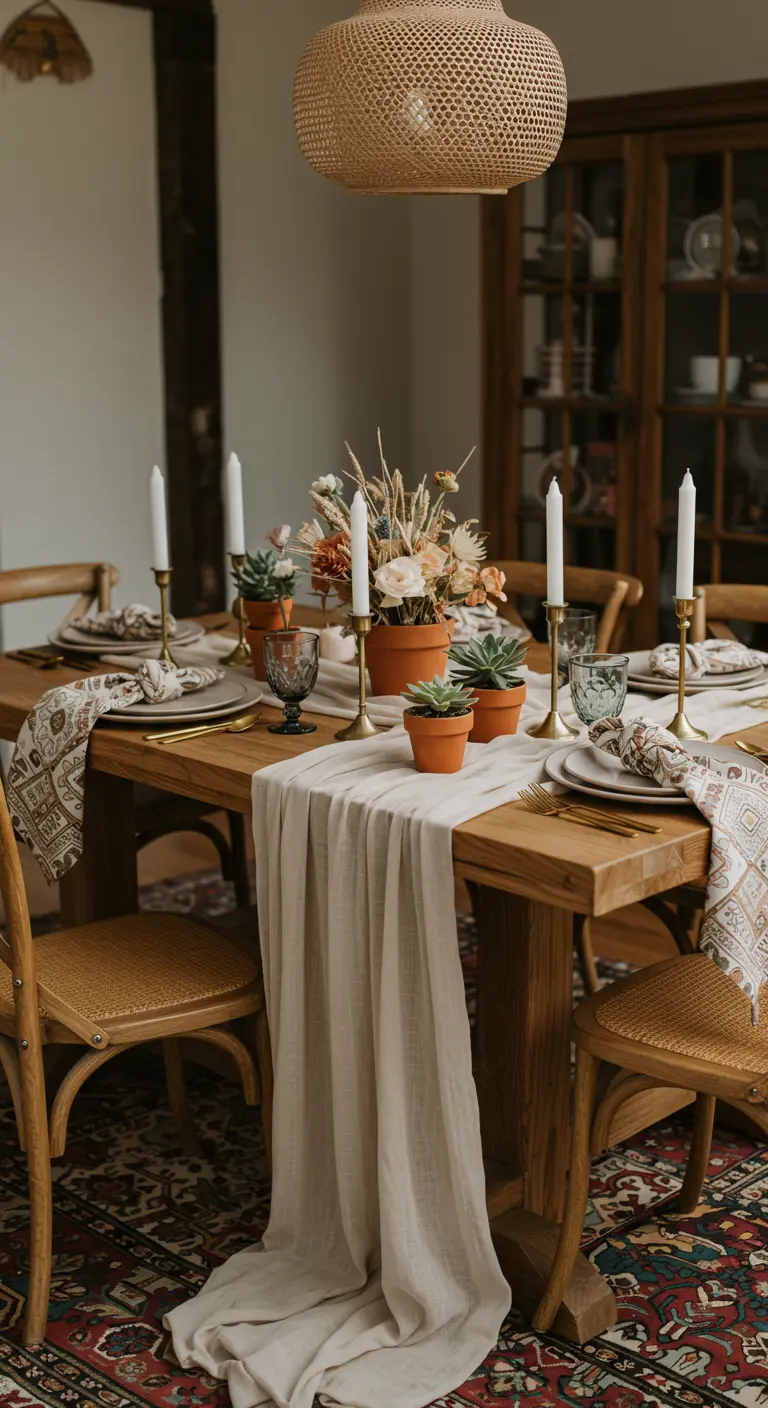 Table en bois avec un chemin de table en lin, des chandeliers et des petites plantes grasses.