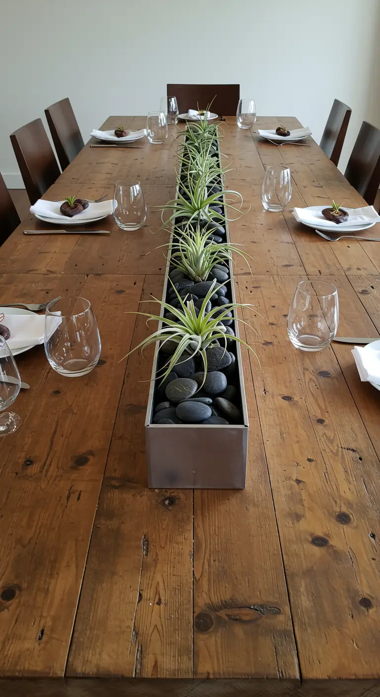 Longue jardinière fine au centre d'une table en bois, avec des plantes aériennes sur des galets.