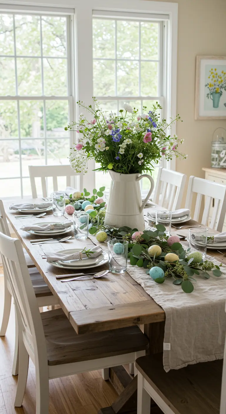 Table de Pâques rustique avec bouquet champêtre et chemin de table végétal.