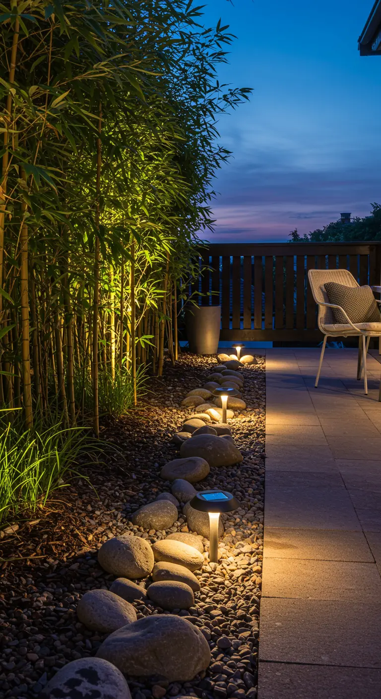 Allée de jardin éclairée la nuit par des spots solaires plantés parmi les galets et le bambou.