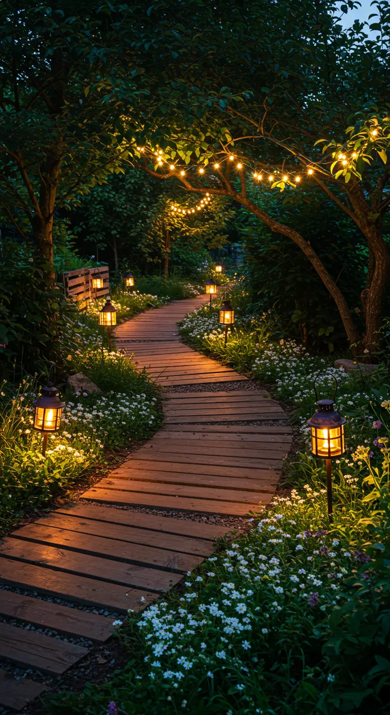 Allée de jardin en bois illuminée par des lanternes et guirlandes lumineuses, entourée de fleurs.