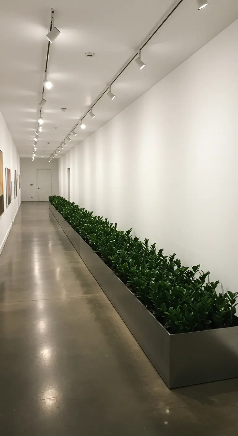 Un très long bac en métal rempli de plantes ZZ bordant un couloir blanc.