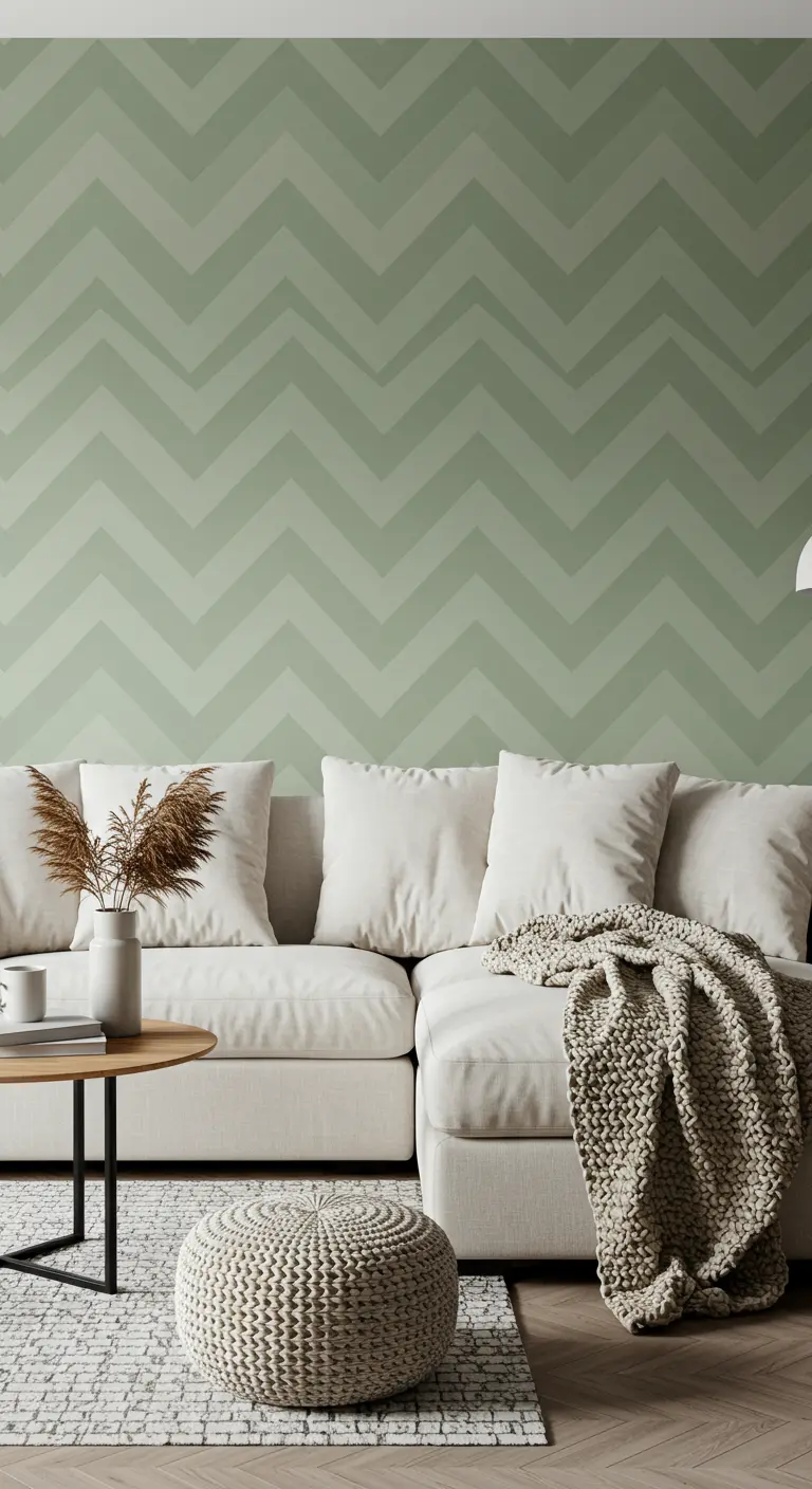 Mur vert sauge avec un motif de chevrons ton sur ton, subtil et apaisant.