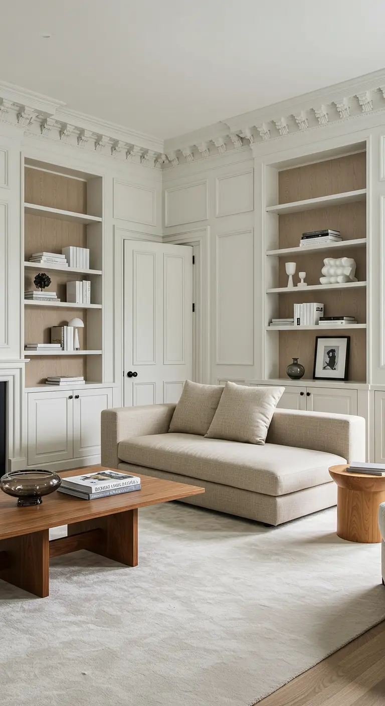 Salon classique avec bibliothèques intégrées blanches dont le fond est beige.