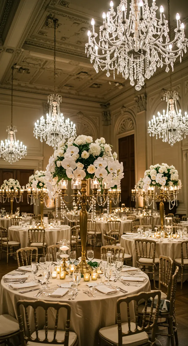 Salle de bal luxueuse avec tables rondes, centres de table hauts et lustres en cristal.