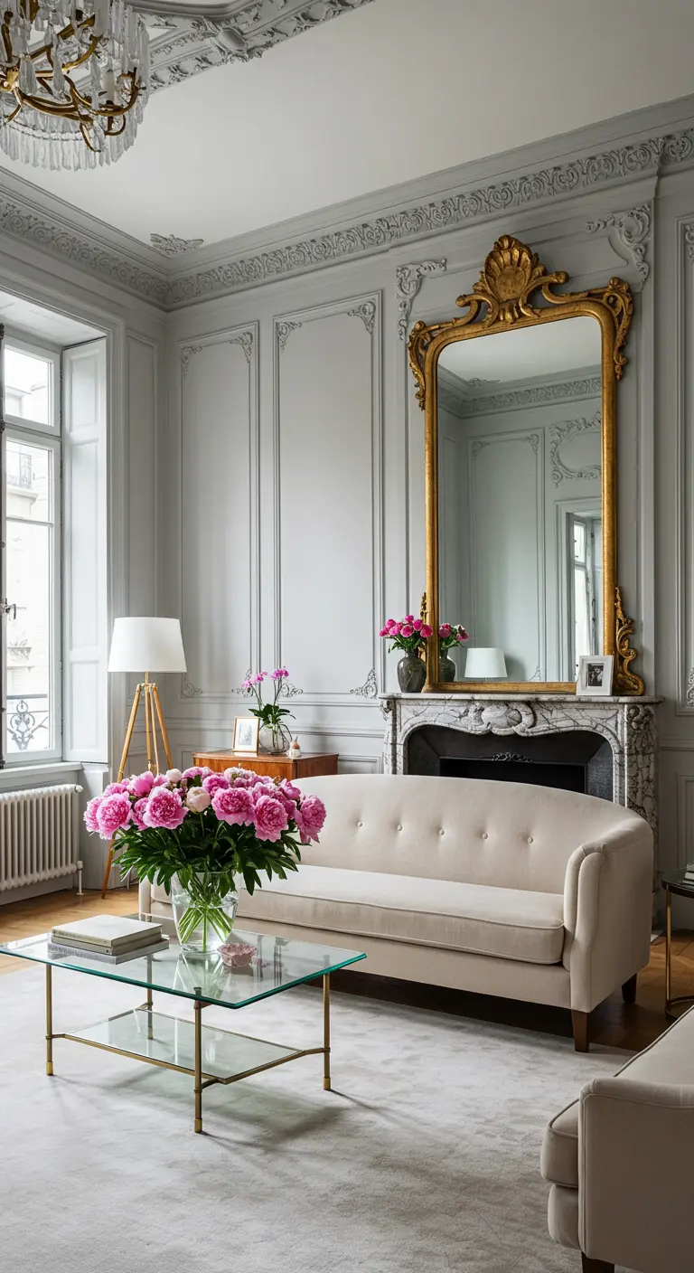 Salon haussmannien avec murs gris, miroir doré et un grand bouquet de pivoines roses